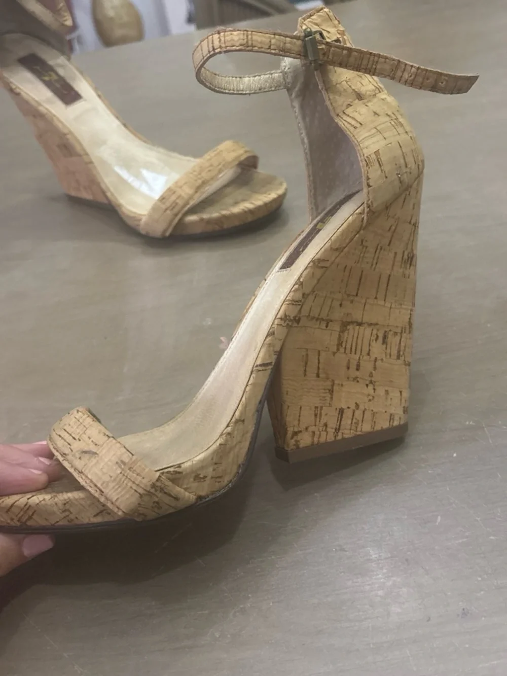 7 For All Mankind Cork-Textured Wedge Sandals in Tan